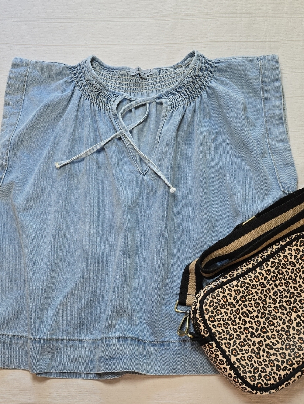 Wishlist Apparel Light Wash Denim Smocked Neck Top Women's Size Small